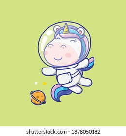 Cute unicorn astronaut floating in the space. Unicorn mascot cartoon character. 