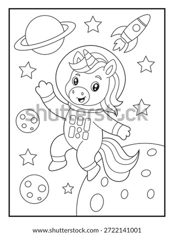 Cute Unicorn Astronaut Floating in Space. Fun Galaxy Coloring Page for Kids. Simple bold outlines and clean black and white line art.