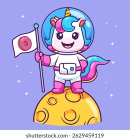 Cute Unicorn Astronaut Holding Donut Flag On Moon Cartoon Vector Icon Illustration. Animal Science Icon Concept Isolated Premium Vector. Flat Cartoon Style