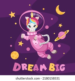 Cute unicorn astronaut in pink suit flying in open space. Character exploring universe with planets, stars for greeting card or invitation with slogan. Cartoon vector flat illustration.