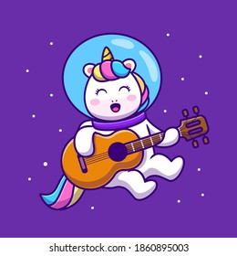 Cute Unicorn Astronaut Playing Guitar. Cartoon Vector Icon Illustration. Animal Music Icon Concept, Isolated Premium Vector. Flat Cartoon Style