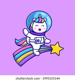 Cute Unicorn Astronaut Riding Rainbow Cartoon Vector Icon Illustration. Animal Science Icon Concept Isolated Premium Vector. Flat Cartoon Style