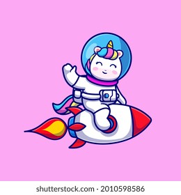 Cute Unicorn Astronaut Riding Rocket And Waving Hand Cartoon Vector Icon Illustration. Animal Technology Icon Concept Isolated Premium Vector. Flat Cartoon Style