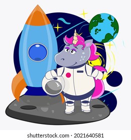 Cute unicorn astronaut in a spacesuit on the moon next to the rocket. Cartoon vector illustration for children