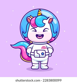 Cute Unicorn Astronaut Standing In Space Cartoon Vector Icon Illustration. Animal Science Icon Concept Isolated Premium Vector. Flat Cartoon Style