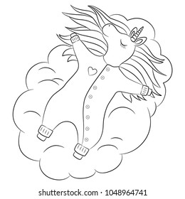 Cute unicorn baby girl sleeping on a cloud, with beautiful hair baby wearing romper, outline vector illustration for coloring book, poster, baby shower invitation, card. Little lovely pony unicorn. 