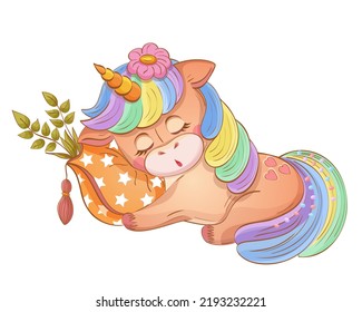 Cute unicorn baby girl sleeping on pillow. Newborn little magic horse animal with horn. Sweet night dream. Fairytale tired pony rest cartoon character. Child birth. Daughter birthday. Kid print vector