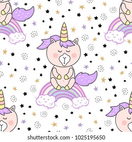 Cute unicorn baby with rainbow, stars and clouds seamless pattern. Vector Illustration.