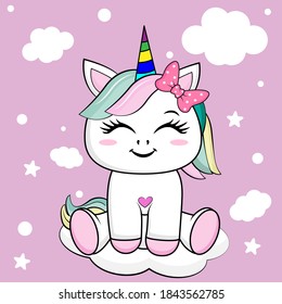 Cute unicorn baby is sitting on the cloud.  Flat illustration for design prints, posters, etc.