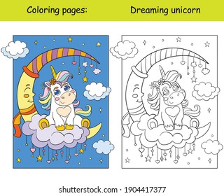 Cute unicorn baby sitting on a cloud with moon and stars. Coloring book page wih colored template. Vector cartoon illustration isolated on white. For coloring book, preschool education, print, game