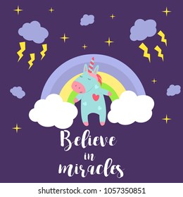 Cute unicorn baby vector illustration magic rainbow fantasy fairy design beautiful fairytale art. Fashion funny horn print lovely pink pony character. Pastel drawing doodle kid t-shirts card.