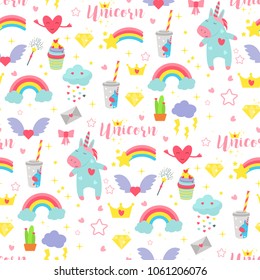 Cute unicorn baby vector seamless pattern background illustration magic rainbow fantasy fairy design beautiful fairytale art. Fashion funny horn print lovely pony character. Pastel drawing doodle kid.