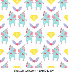 Cute unicorn baby vector seamless pattern background illustration magic rainbow fantasy fairy design beautiful fairytale art. Fashion funny horn print lovely pony character. Pastel drawing doodle kid.