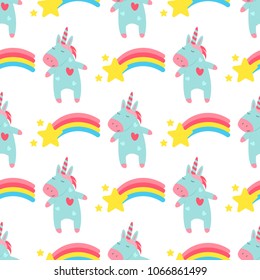 Cute unicorn baby vector seamless pattern background illustration magic rainbow fantasy fairy design beautiful fairytale art. Fashion funny horn print lovely pony character. Pastel drawing doodle kid.