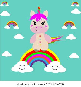 Cute unicorn background on rainbow.