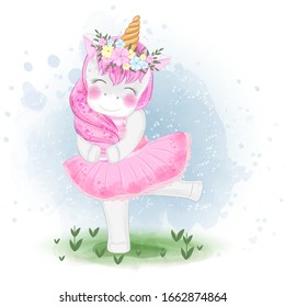 Cute Unicorn ballerina with flower crown illustration