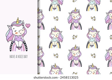 Cute unicorn ballerina sitting on the rainbow card and seamless background. Seamless pattern for kids. Cute unicorn illustration