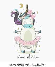 Cute Unicorn ballerina..cartoon hand drawn vector illustration. Can be used for baby t-shirt print, fashion print design, kids wear, baby shower celebration greeting and invitation card.