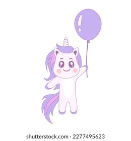 Cute Unicorn and balloon  Childish Birthday animal for kids in anime kawaii style  Isolated vector illustration and pastel colors