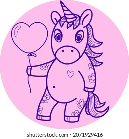 Cute unicorn with balloon, contour drawing, vector on pink background