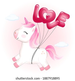Cute Unicorn and balloon with hearts valentine's day concept illustration