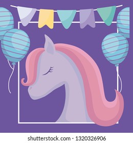 cute unicorn with balloons helium and garlands