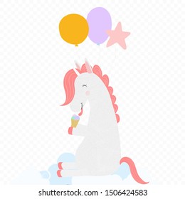 Cute Unicorn with balloons licking ice cream cone sitting on white cloud isolated on transparent background. Happy birthday greeting card, baby shower Cartoon vector scandinavian illustration clip art