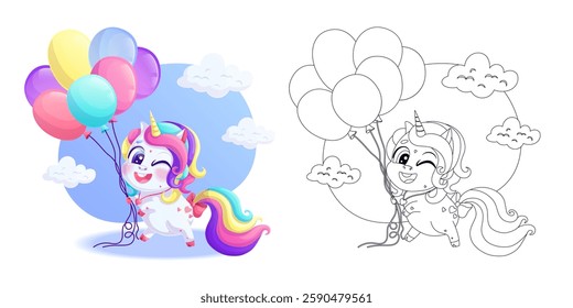 Cute unicorn with balloons. A page of a children's coloring book. A black outline on a white background. Vector isolated illustration with a colorful template. For coloring, printing, and design.