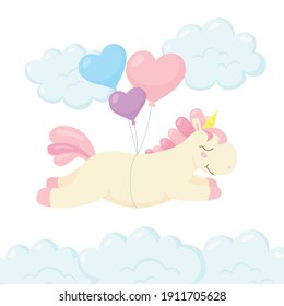 Cute unicorn with balloons in the shape of a heart flying above the clouds. Cartoon lovely animal for kid decor, baby shower invitation, greeting card, poster. Vector illustration