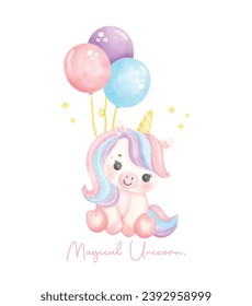 Cute unicorn with balloons watercolor nursery Art illustration. Magical Unicorn.