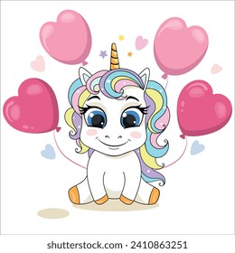 Cute unicorn and the baloon. Happy Valentine Day