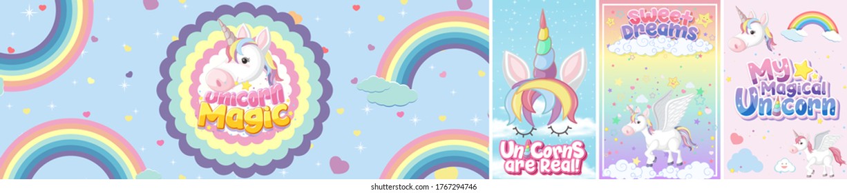 Cute unicorn banner on pastel background color illustration