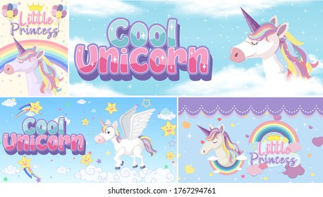 Cute unicorn banner on pastel background color illustration