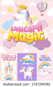 Cute unicorn banner on pastel background color illustration