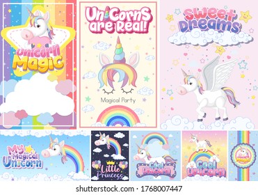 Cute unicorn banner on pastel background color illustration