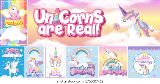 Cute Unicorn Banner On Pastel Background Color Illustration