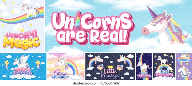 Cute unicorn banner on pastel background color illustration