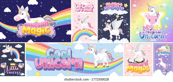 Cute unicorn banner on pastel background color illustration