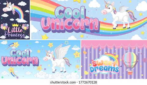 Cute unicorn banner on pastel background color illustration
