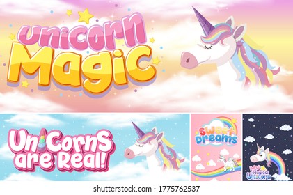 Cute unicorn banner on pastel background color illustration