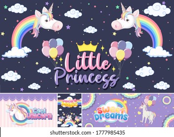 Cute unicorn banner on pastel background color illustration
