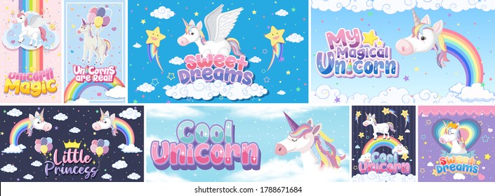 Cute Unicorn Banner On Pastel Background Color Illustration