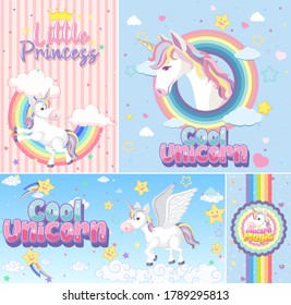 Cute unicorn banner on pastel background color illustration