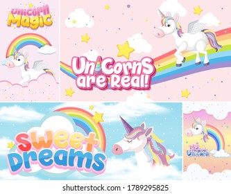 Cute unicorn banner on pastel background color illustration