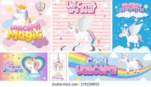 Cute unicorn banner on pastel background color illustration