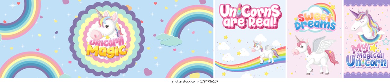 Cute unicorn banner on pastel background color illustration