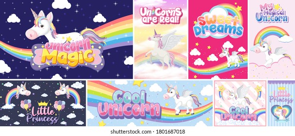 Cute unicorn banner on pastel background color illustration