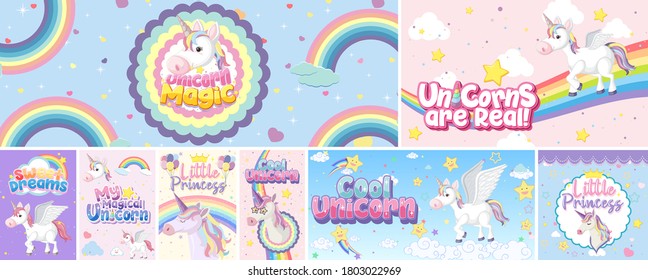 Cute unicorn banner on pastel background color illustration