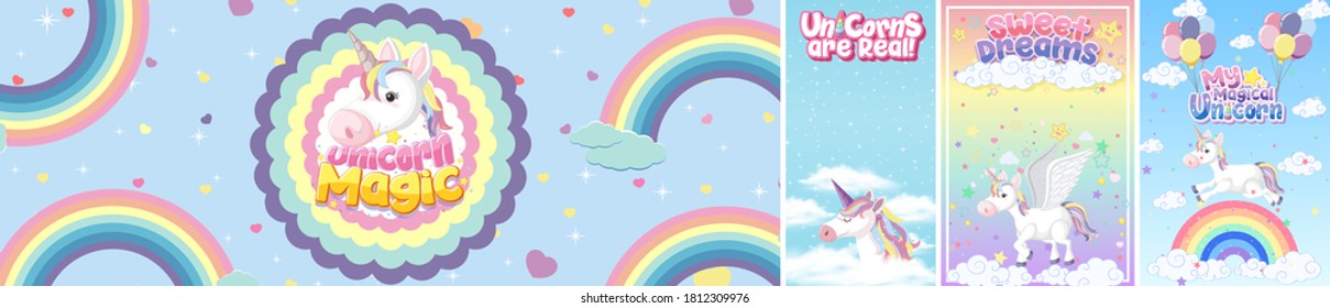 Cute unicorn banner on pastel background color illustration