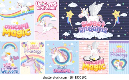 Cute unicorn banner on pastel background color illustration